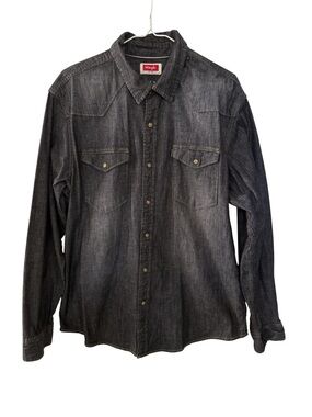 Wrangler Men's Black Denim Western Shirt Size Large Long Sleeves Pearl Snaps